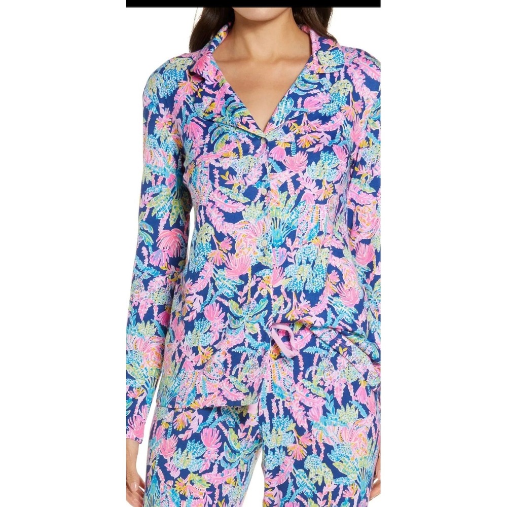 Lilly Pulitzer Pajama Top Long Sleeve Button Down Tropical Floral Pink Blue M